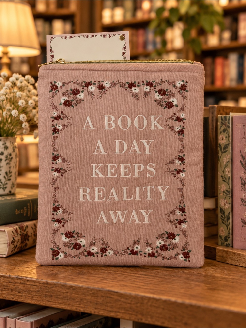 A Book A Day Keeps Reality Away Zipper e-Reader Pouch - Pink